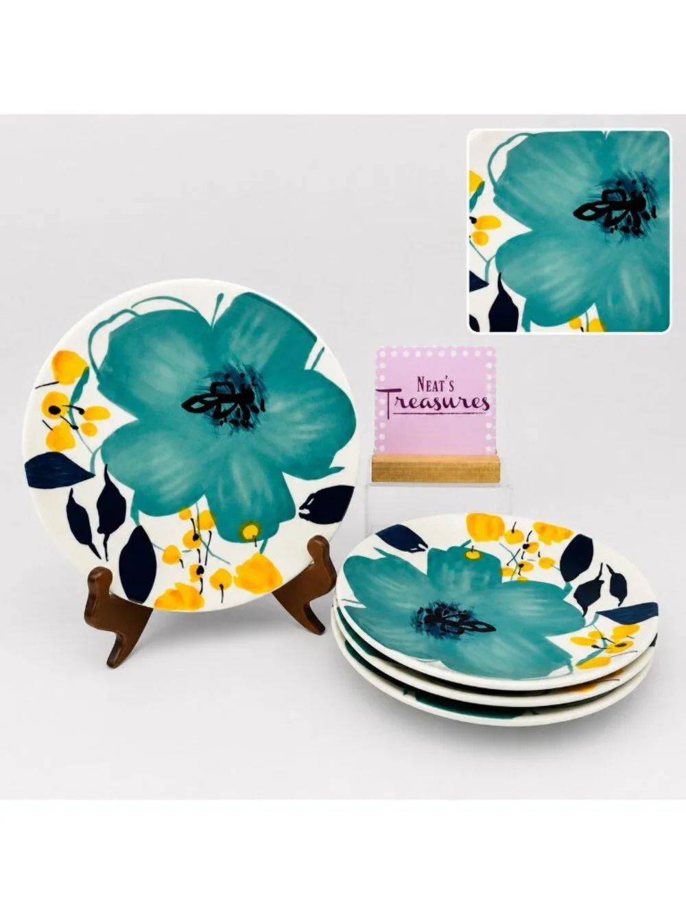 Baum Brothers BELLA FLORAL Turquoise Yellow Floral Salad Lunch Plates Set of 4